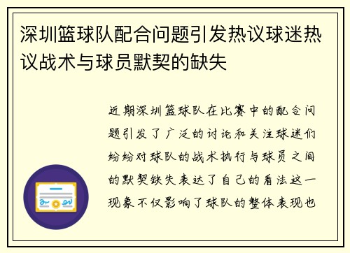 深圳篮球队配合问题引发热议球迷热议战术与球员默契的缺失